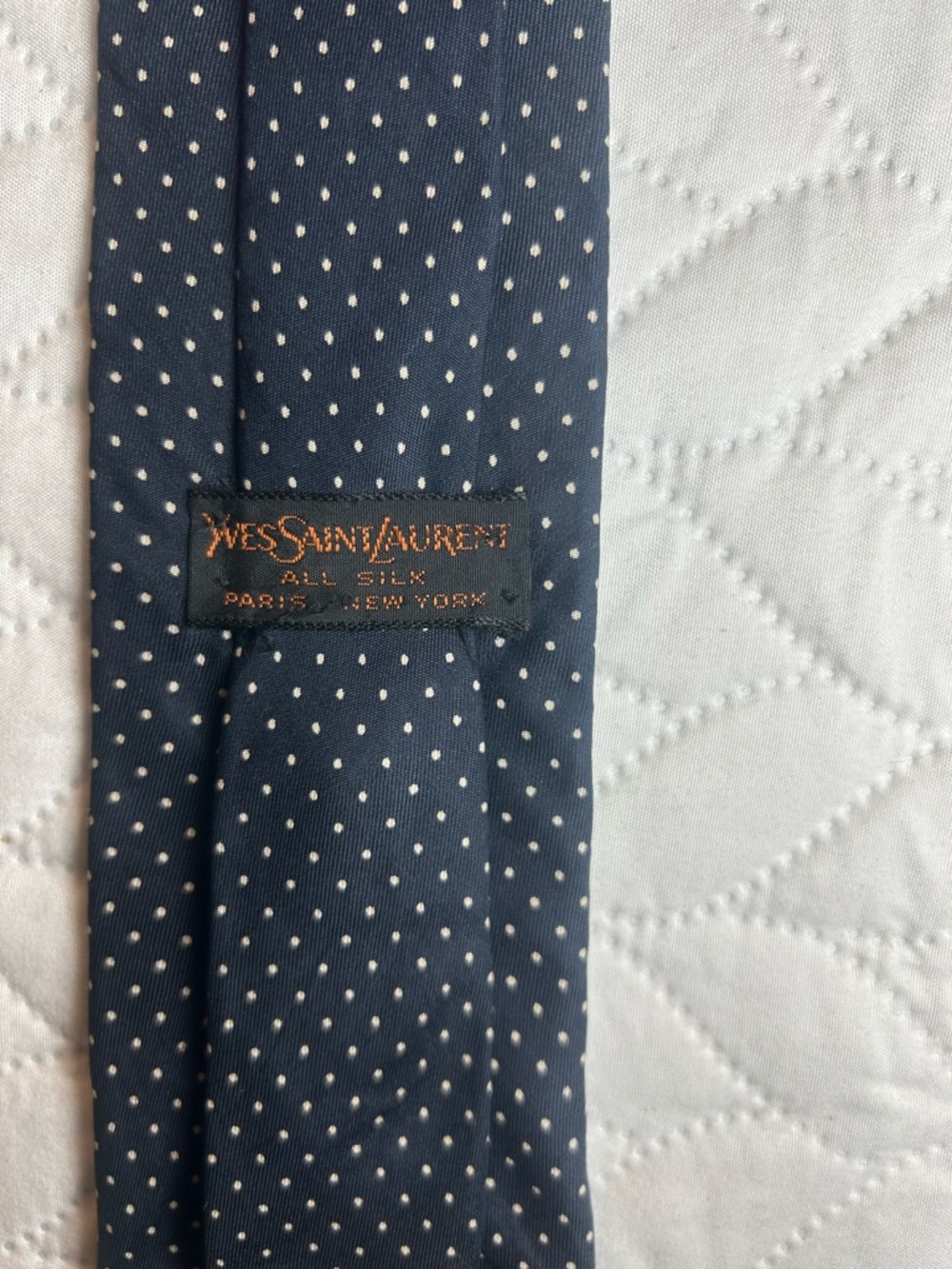 Yves Saint Laurent Navy and White Polka Dot Silk Tie